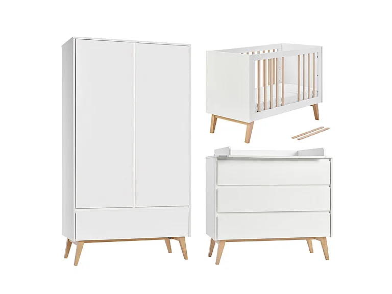 Chambre complète lit évolutif 60x120 commode à langer et armoire 2 portes Pinio Swing - Blanc et bois
