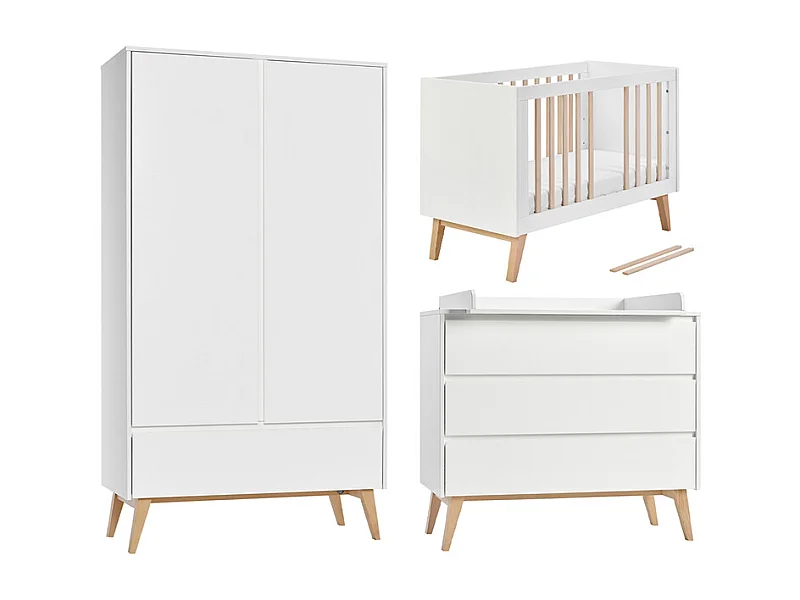 Chambre complète lit évolutif 60x120 commode à langer et armoire 2 portes Swing - Blanc et bois