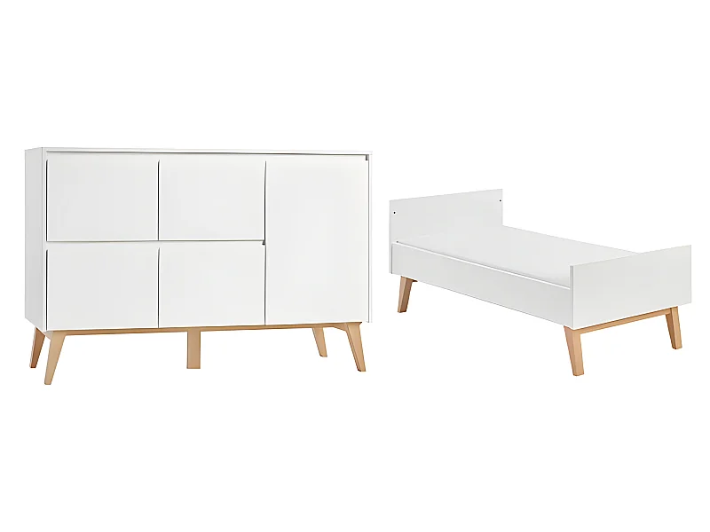 Lit évolutif 70x140 et commode 4 tiroirs 1 porte Swing - Blanc et bois