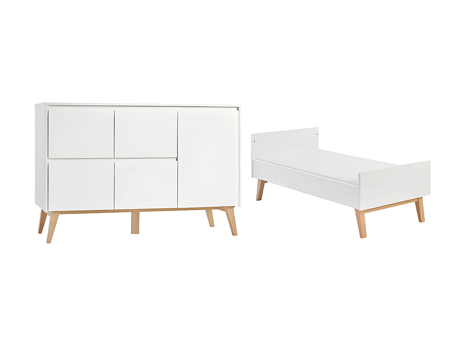 Lit évolutif 70x140 et commode 4 tiroirs 1 porte Swing - Blanc et bois