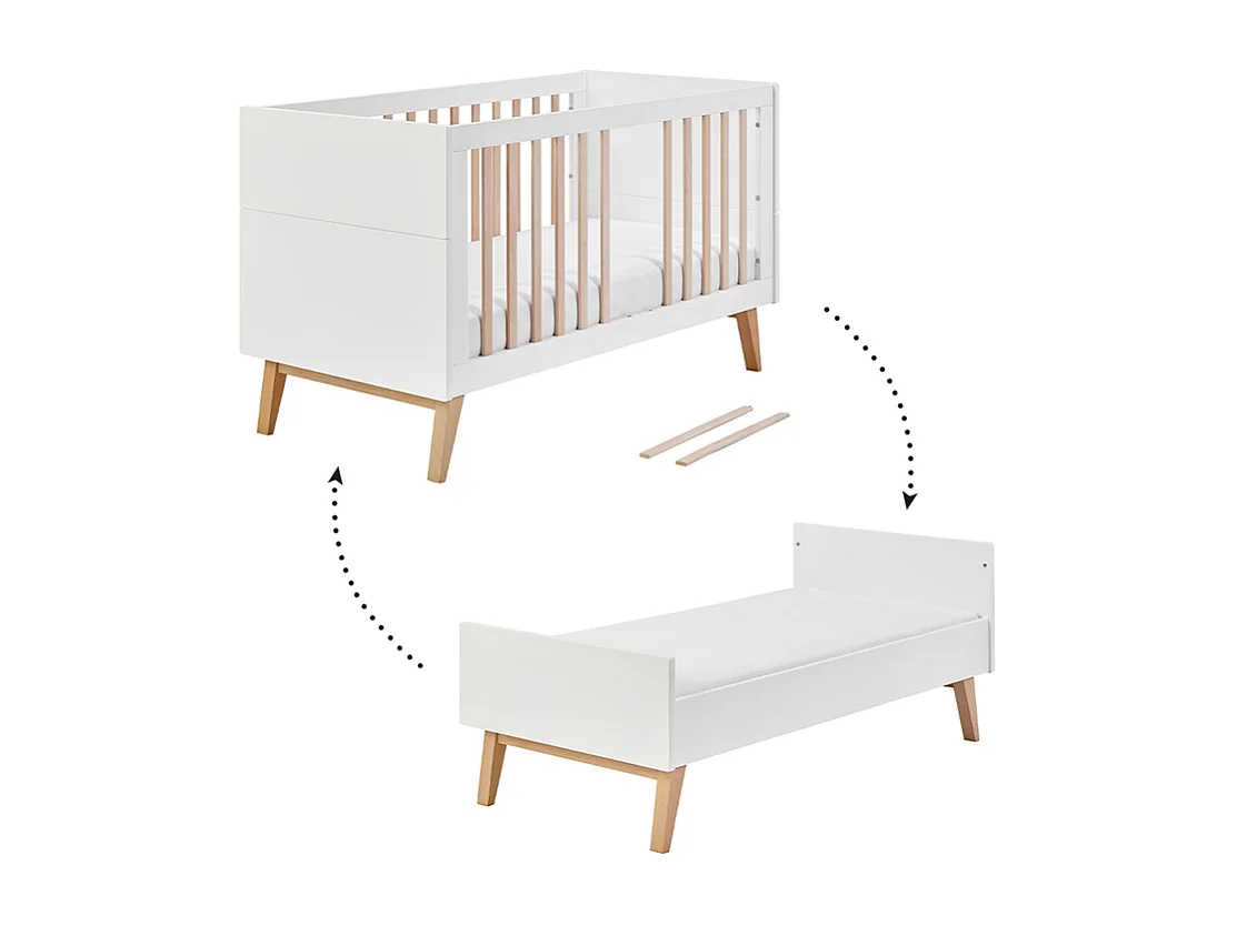 Lit évolutif 70x140 et commode 4 tiroirs 1 porte Swing - Blanc et bois