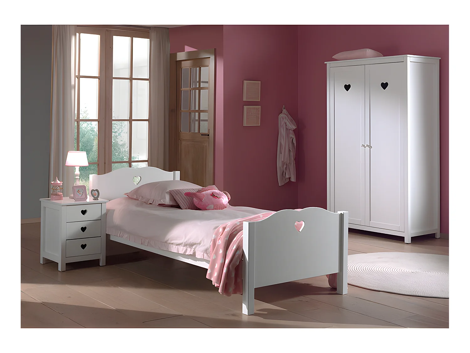 Pack - Lit Enfant, Sommier, Chevet & Armoire "Amori" 90x200cm Blanc