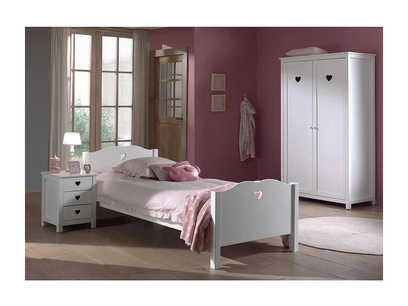 Pack - Lit Enfant, Sommier, Chevet & Armoire "Amori" 90x200cm Blanc