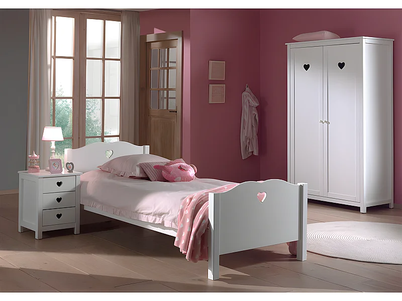 Pack - Lit Enfant, Sommier, Chevet & Armoire "Amori" 90x200cm Blanc