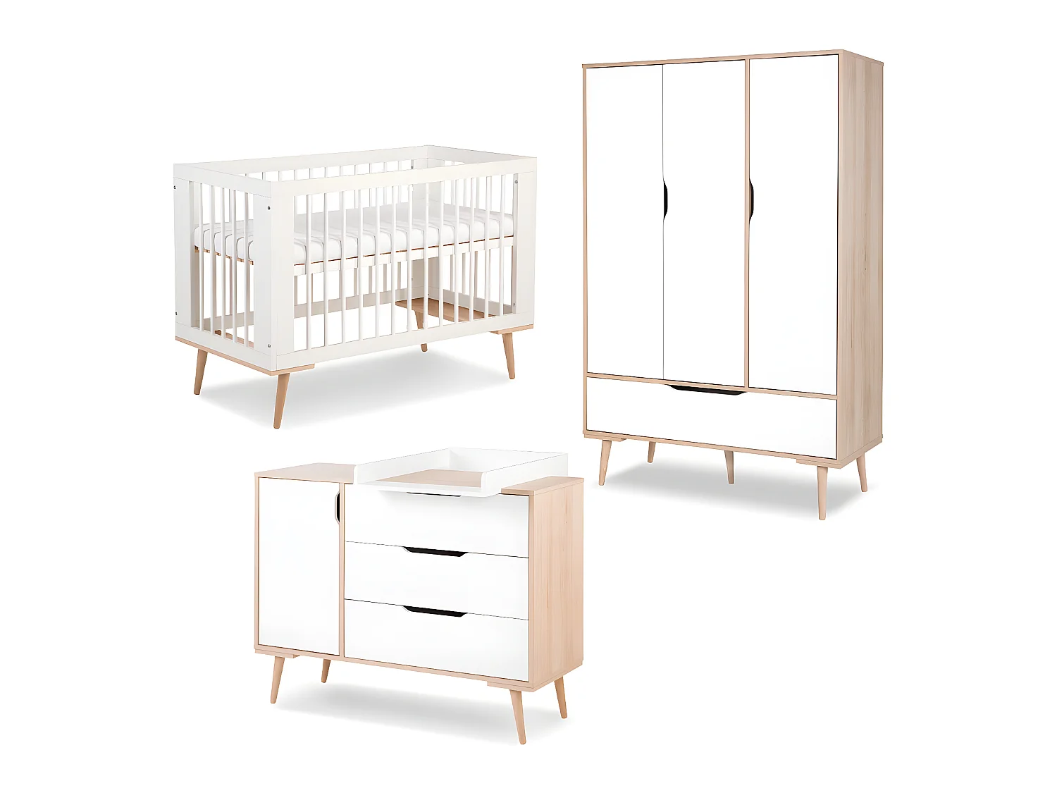 Chambre complète lit bébé 60x120 - commode à langer - armoire 3 portes LittleSky by Klups Sofie Blanc