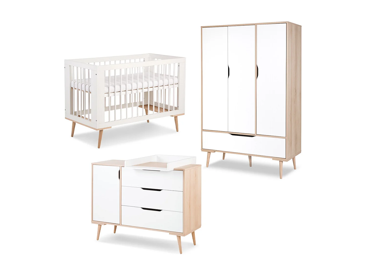 Chambre complète lit bébé 60x120 - commode à langer - armoire 3 portes LittleSky by Klups Sofie Blanc