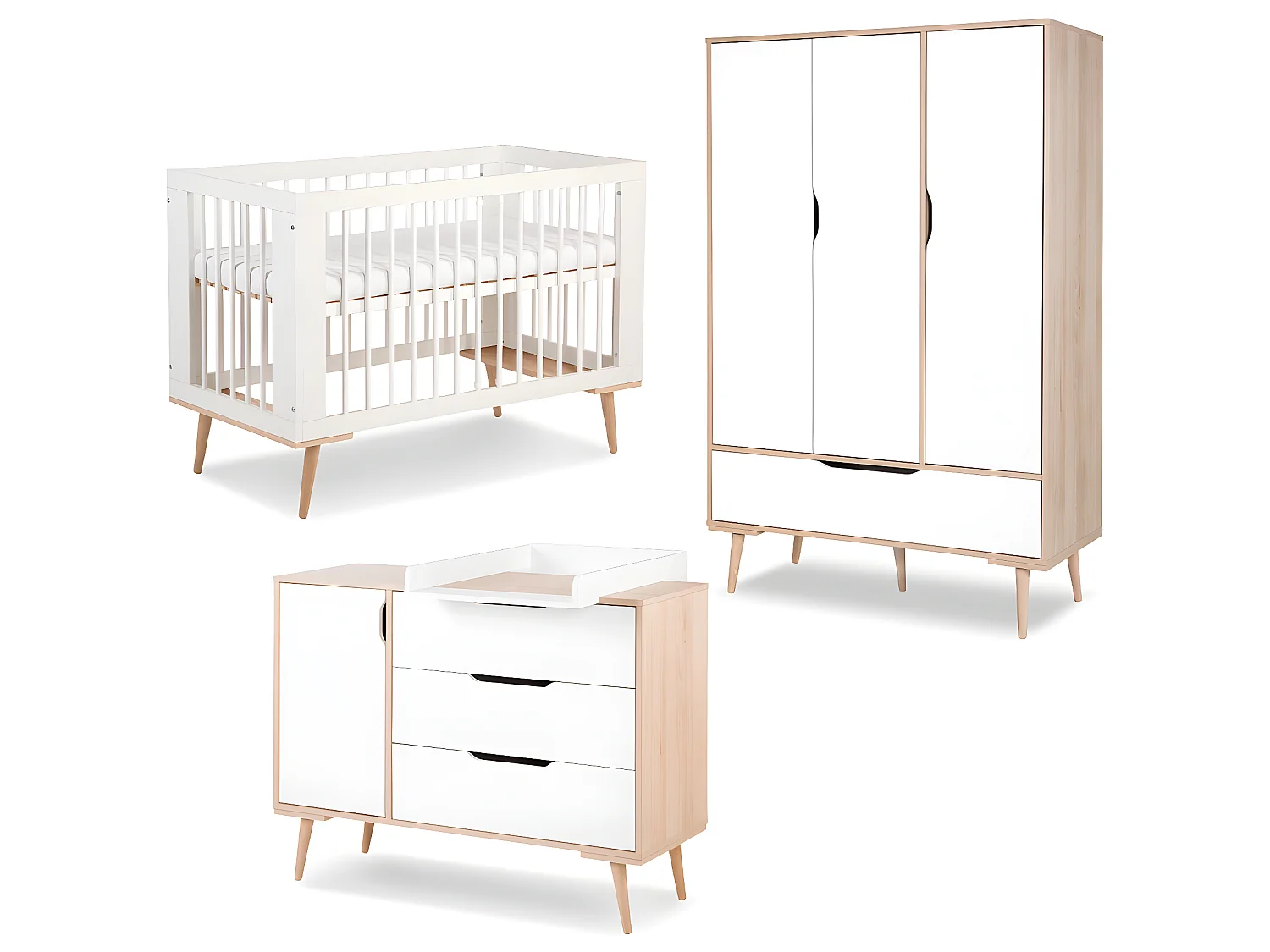 Chambre complète lit bébé 60x120 - commode à langer - armoire 3 portes LittleSky by Klups Sofie Blanc