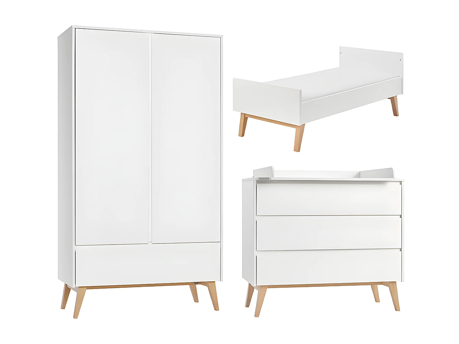 Chambre complète lit évolutif 70x140 commode à langer et armoire 2 portes Swing - Blanc et bois