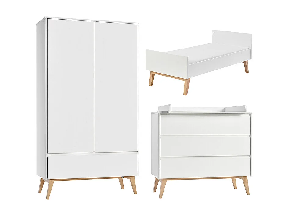 Chambre complète lit évolutif 70x140 commode à langer et armoire 2 portes Swing - Blanc et bois