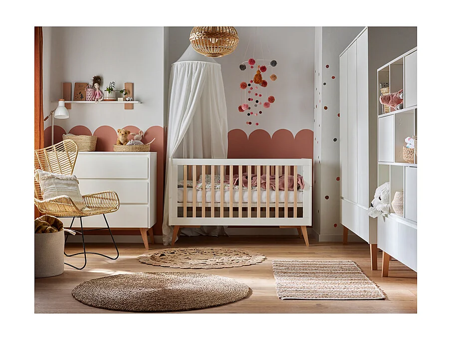 Chambre complète lit évolutif 70x140 commode à langer et armoire 2 portes Swing - Blanc et bois