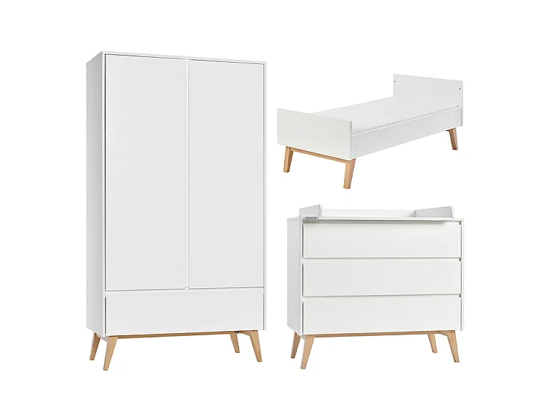 Chambre complète lit évolutif 70x140 commode à langer et armoire 2 portes Pinio Swing - Blanc et bois