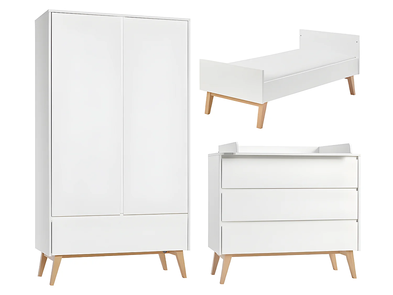 Chambre complète lit évolutif 70x140 commode à langer et armoire 2 portes Swing - Blanc et bois