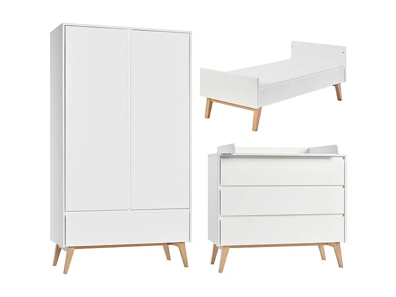 Chambre complète lit évolutif 70x140 commode à langer et armoire 2 portes Swing - Blanc et bois