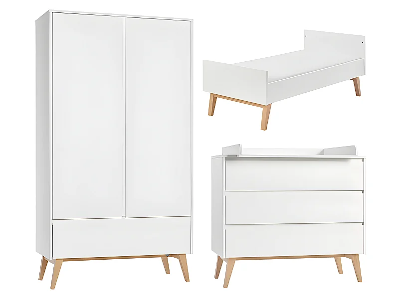 Chambre complète lit évolutif 70x140 commode à langer et armoire 2 portes Swing - Blanc et bois