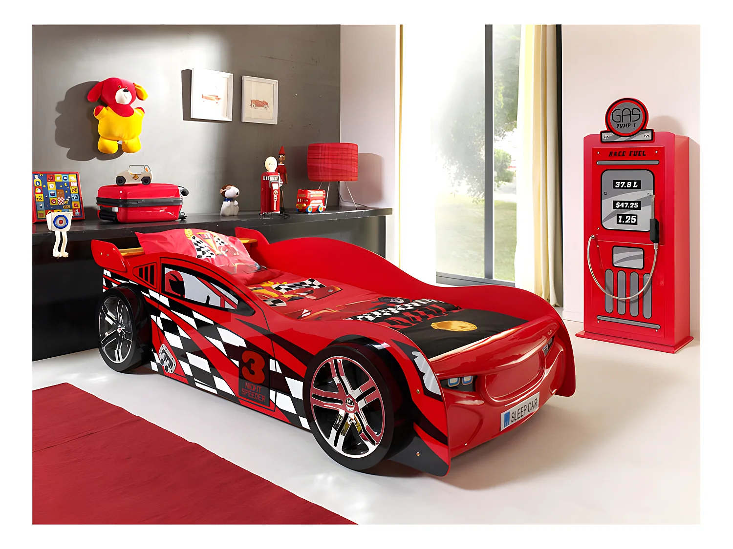 Pack - Lit Enfant Voiture "Night Speeder" & Armoire 1 Porte "Pompe à Essence" Rouge