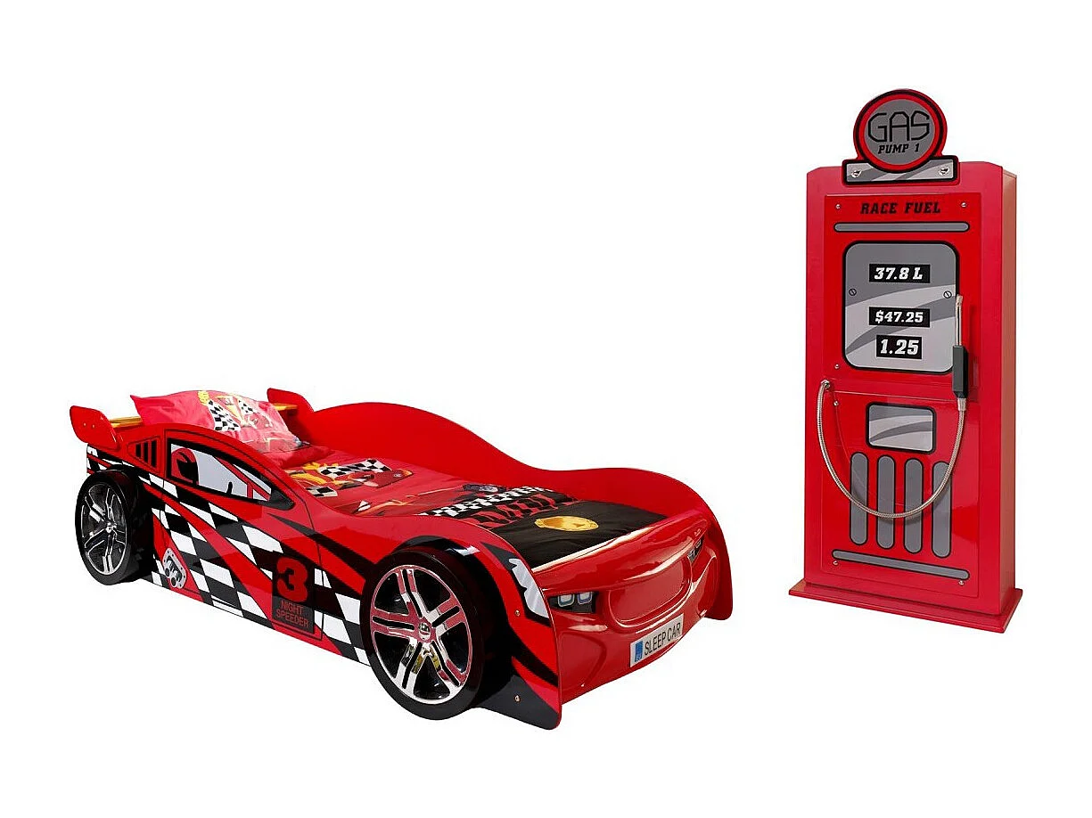 Pack - Lit Enfant Voiture "Night Speeder" & Armoire 1 Porte "Pompe à Essence" Rouge