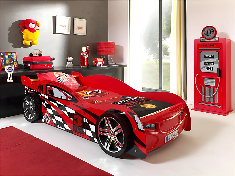 Pack - Lit Enfant Voiture "Night Speeder" & Armoire 1 Porte "Pompe à Essence" Rouge