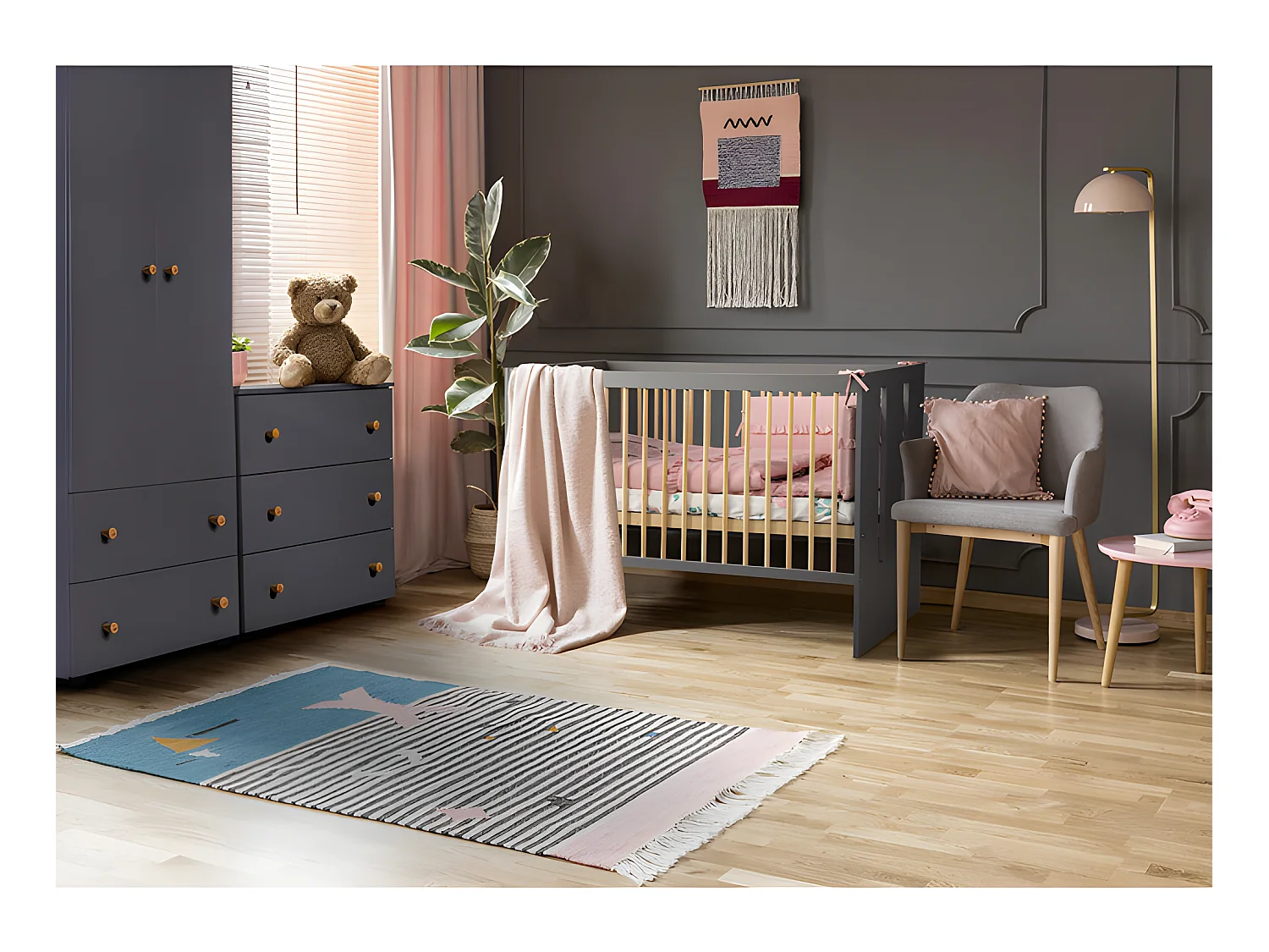 Chambre complète lit bébé - commode à langer et armoire Littlesky by Klups Pauline Gris