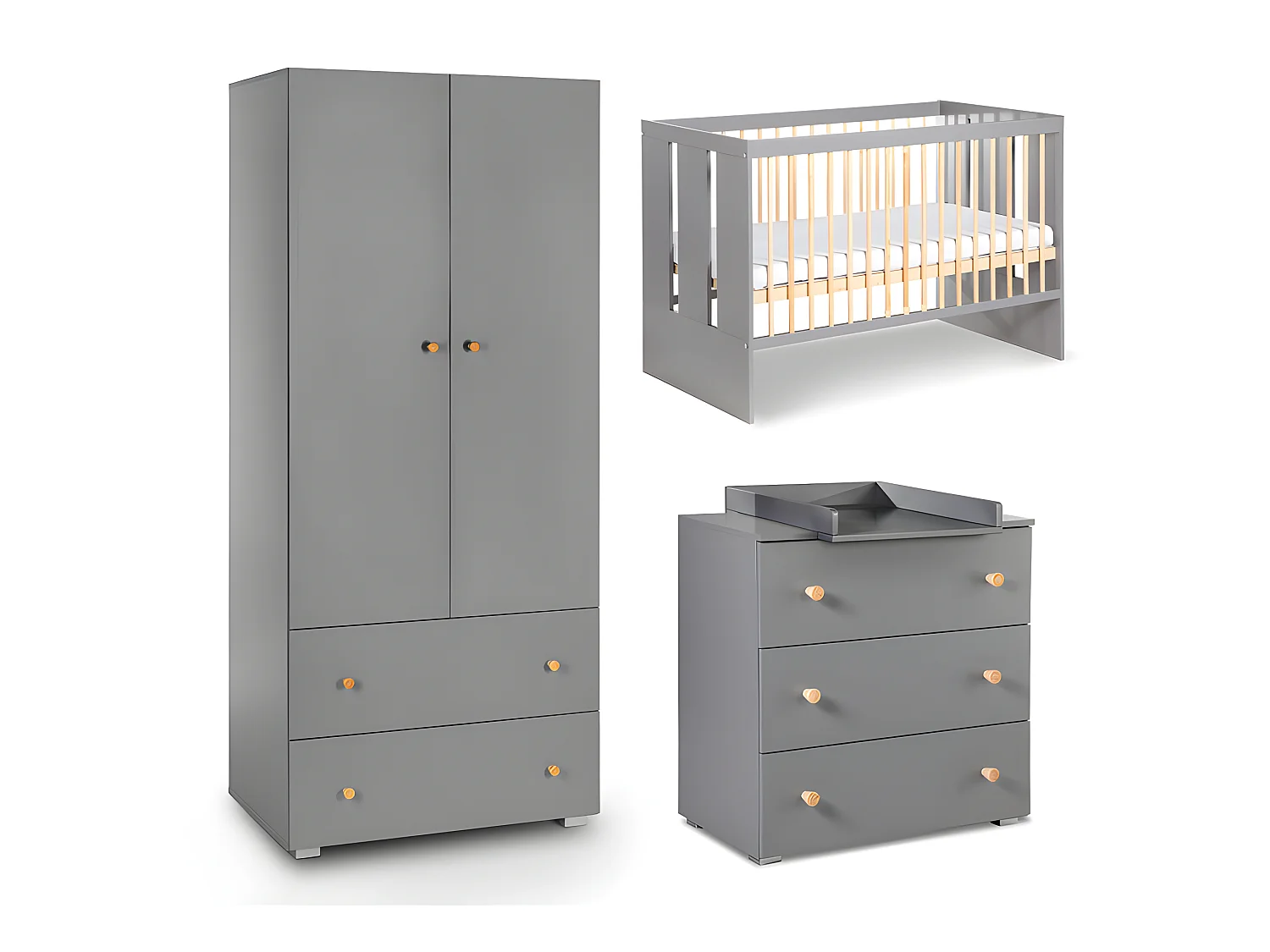 Chambre complète lit bébé - commode à langer et armoire Littlesky by Klups Pauline Gris