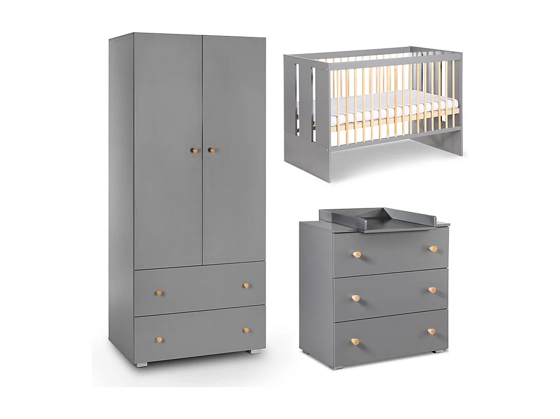 Chambre complète lit bébé - commode à langer et armoire Littlesky by Klups Pauline Gris