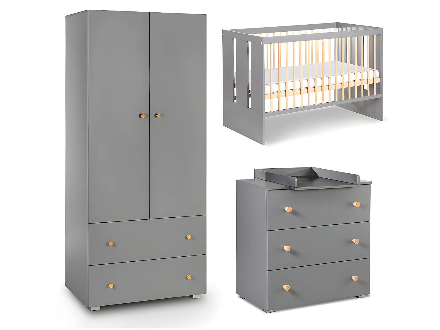 Chambre complète lit bébé - commode à langer et armoire Littlesky by Klups Pauline Gris