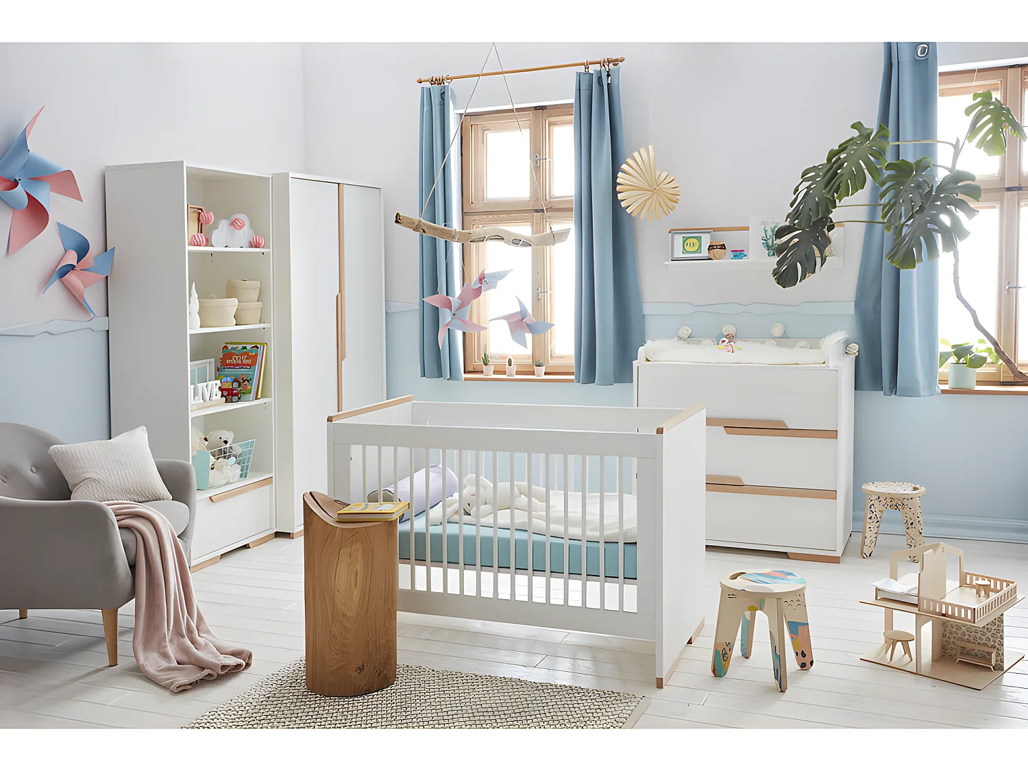 Chambre complète lit bébé - commode à langer - armoire Snap Blanc et bois