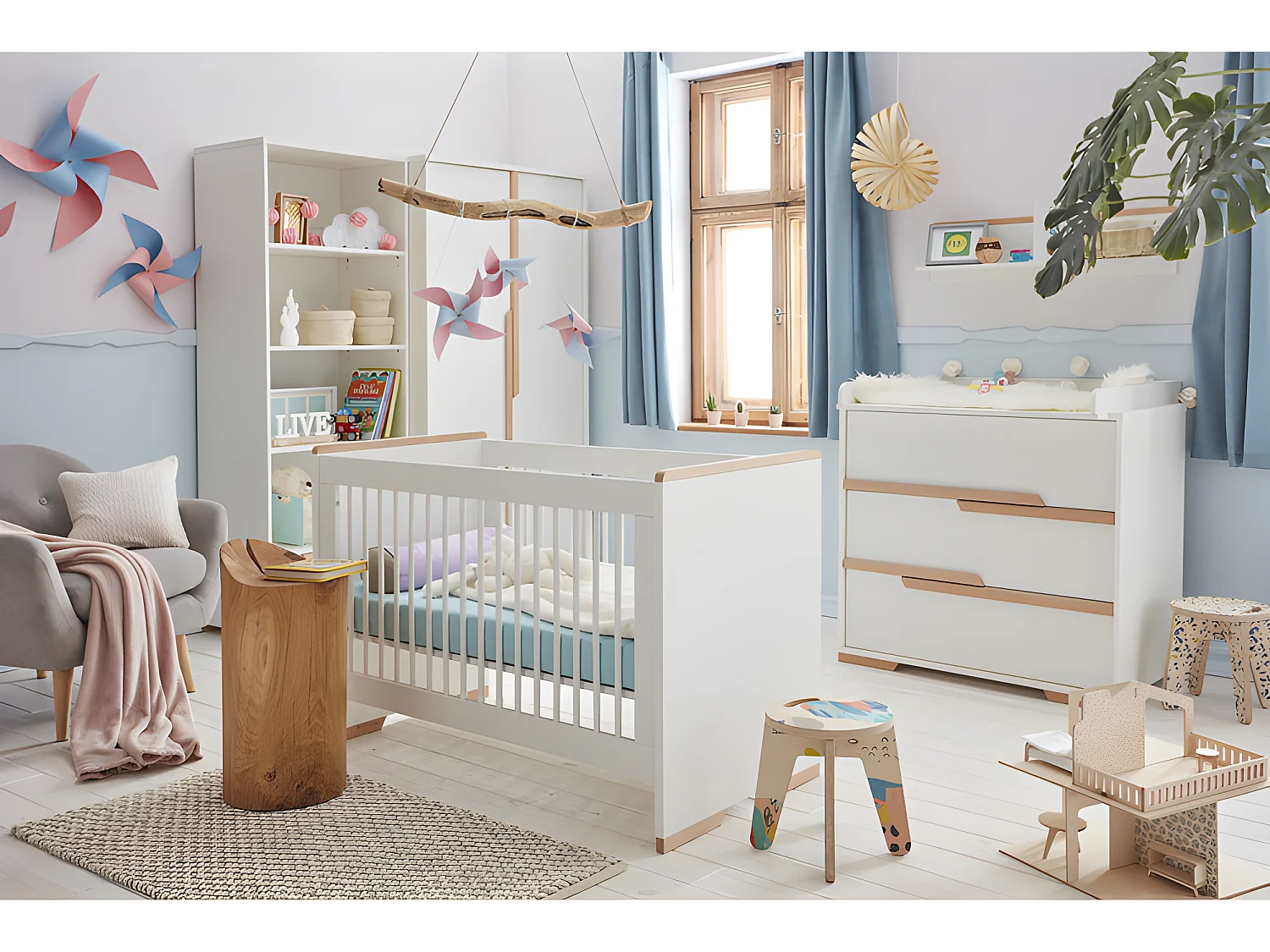 Chambre complète lit bébé évolutif - commode à langer - armoire Snap Blanc et bois