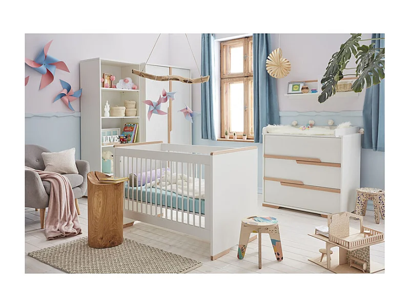 Chambre complète lit bébé évolutif - commode à langer - armoire Snap Blanc et bois