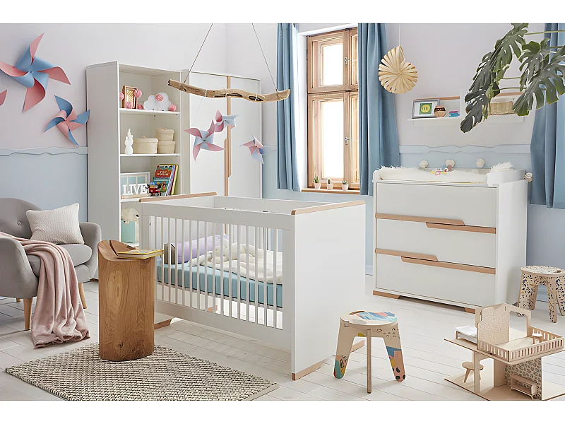 Chambre complète lit bébé évolutif - commode à langer - armoire Snap Blanc et bois