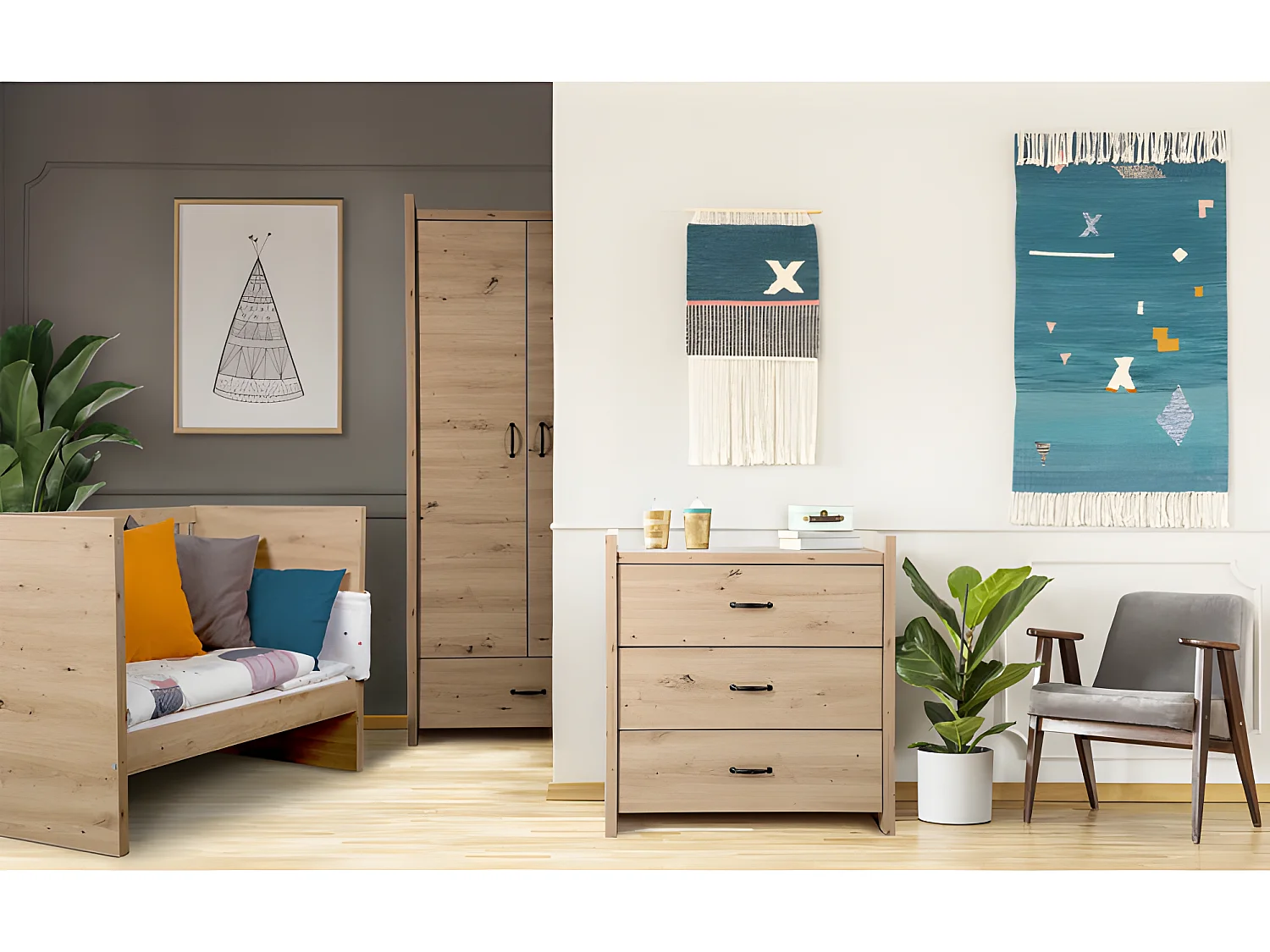 Chambre complète Lit bébé - commode - Armoire LittleSky by Klups Amelia Oak Chêne