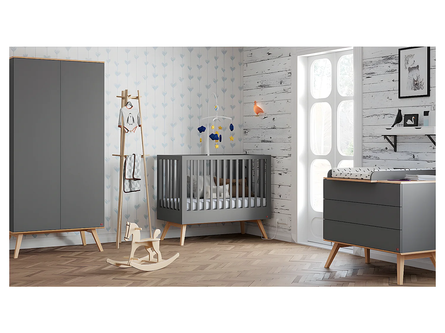 Chambre complète lit bébé évolutif - commode à langer - armoire Nature Gris