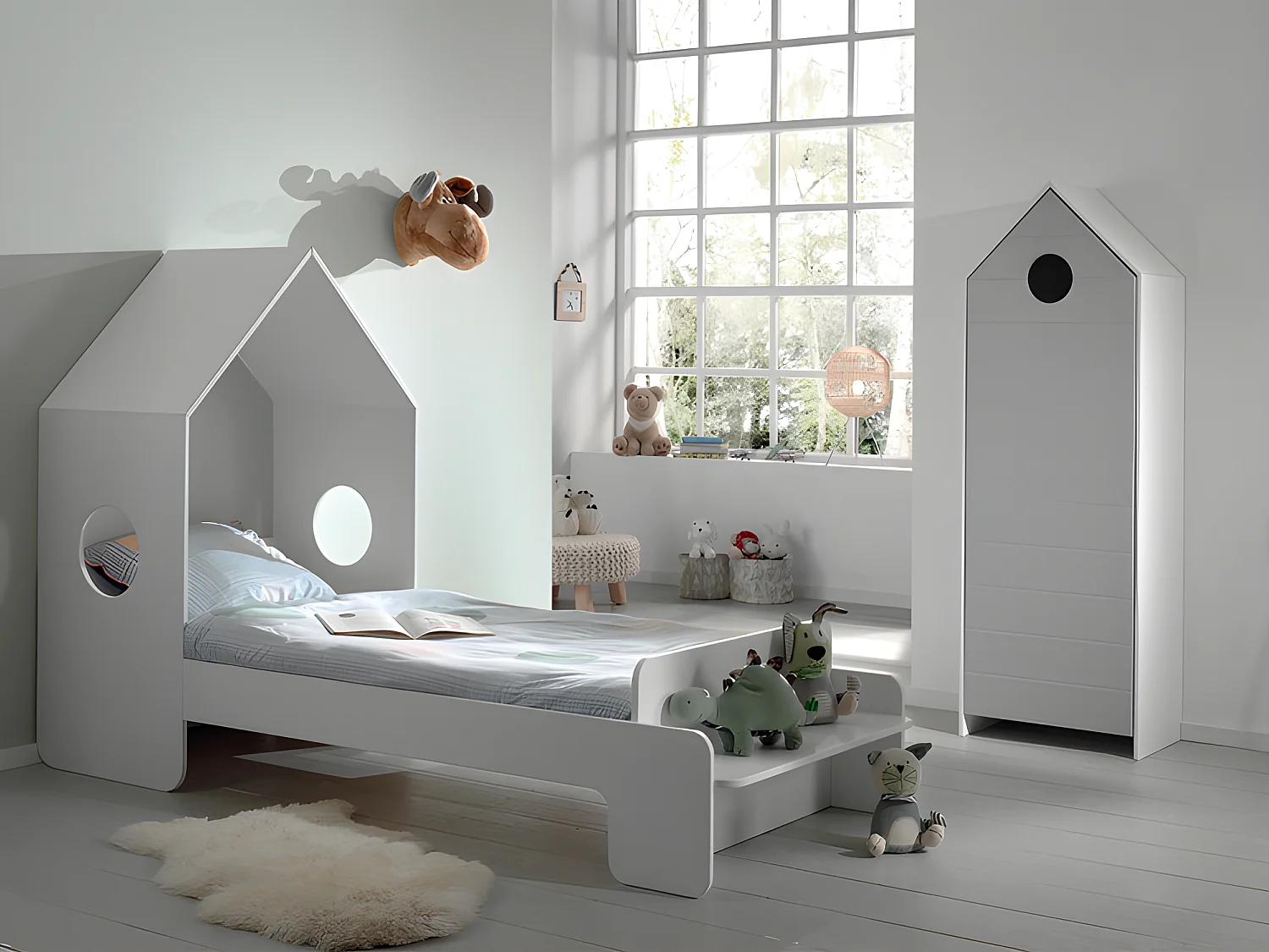 Pack - Lit Cabane Enfant & Armoire "Casami" Blanc & Gris