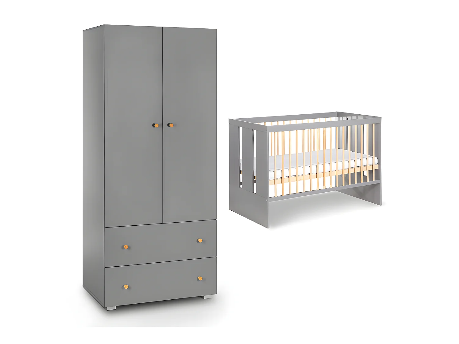 Lit bébé et armoire 2 portes 2 tiroirs Littlesky by Klups Pauline Gris