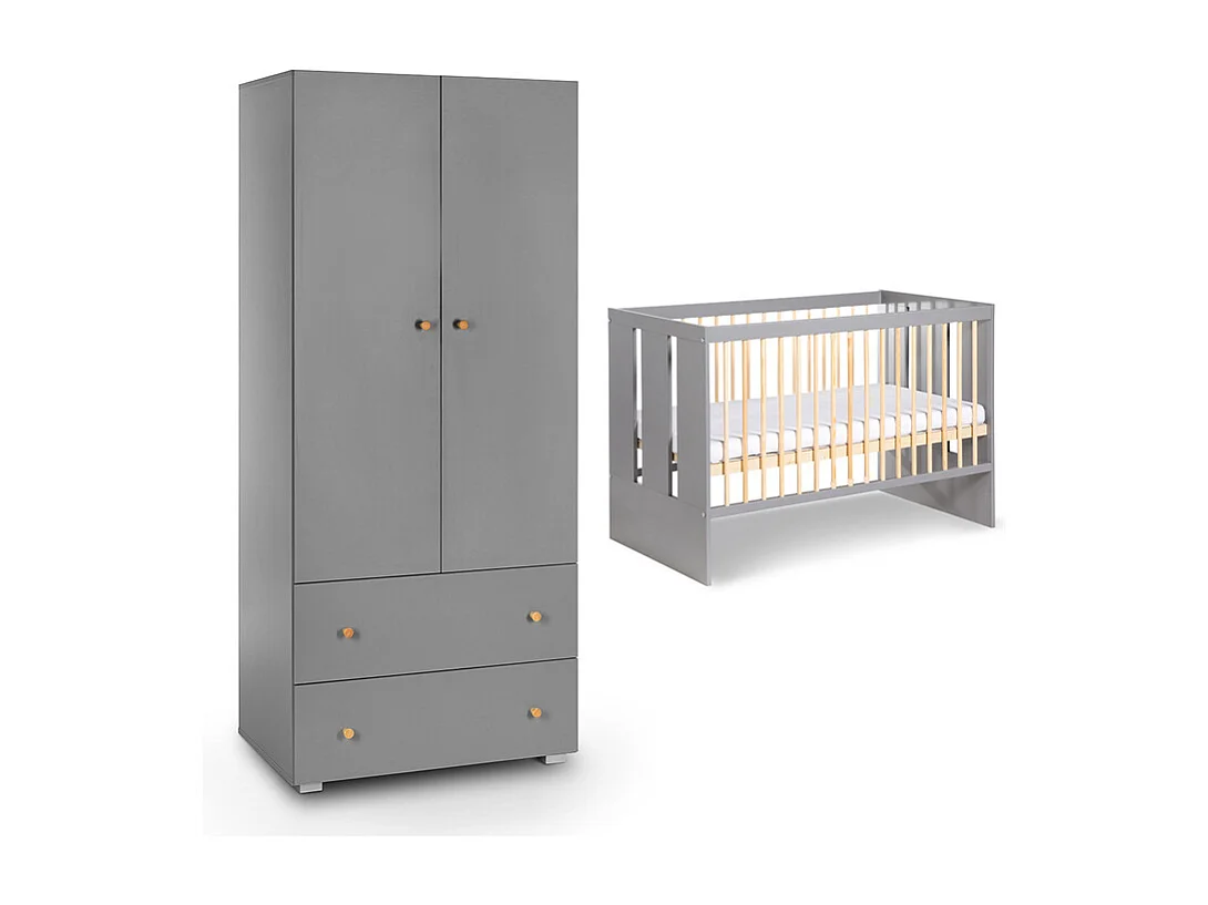 Lit bébé et armoire 2 portes 2 tiroirs Littlesky by Klups Pauline Gris