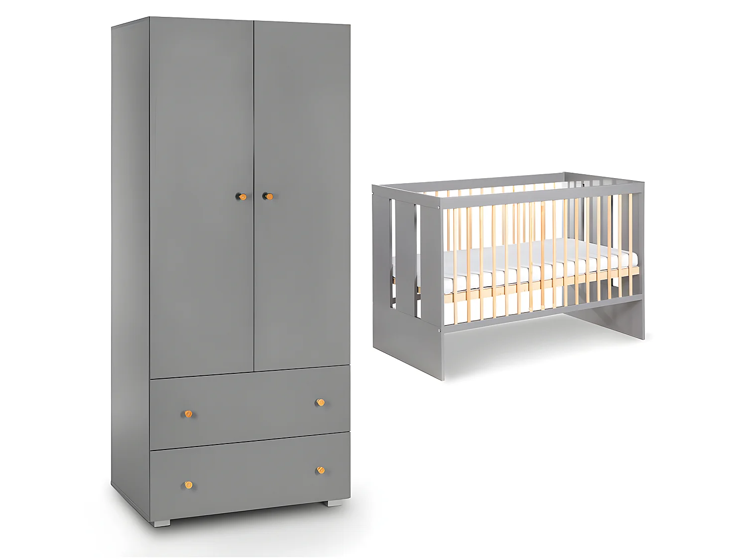 Lit bébé et armoire 2 portes 2 tiroirs Littlesky by Klups Pauline Gris