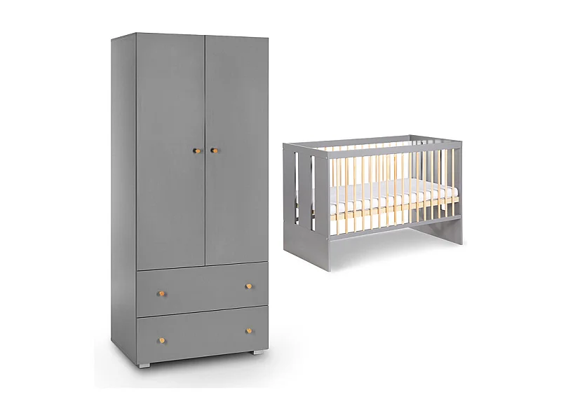 Lit bébé et armoire 2 portes 2 tiroirs Littlesky by Klups Pauline Gris