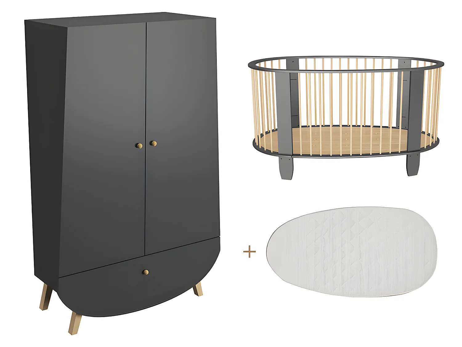 Lit bébé et armoire Cocon Gris anthracite et bois