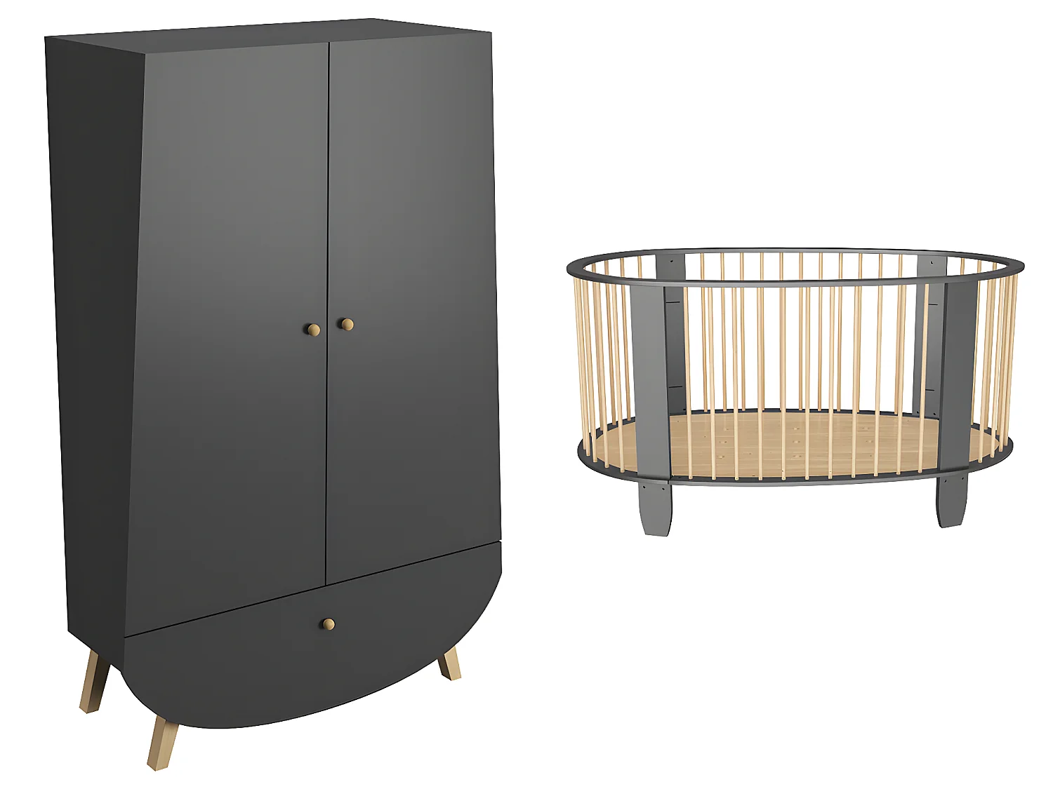 Lit bébé et armoire Cocon Gris anthracite et bois