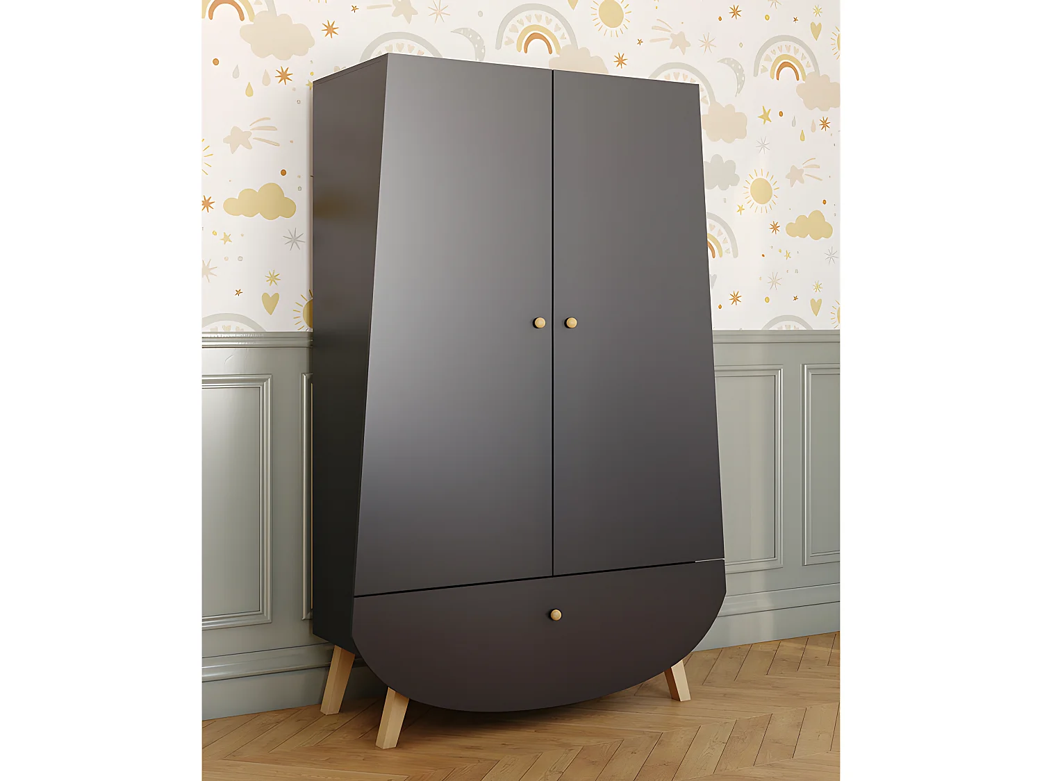 Lit bébé et armoire Cocon Gris anthracite et bois
