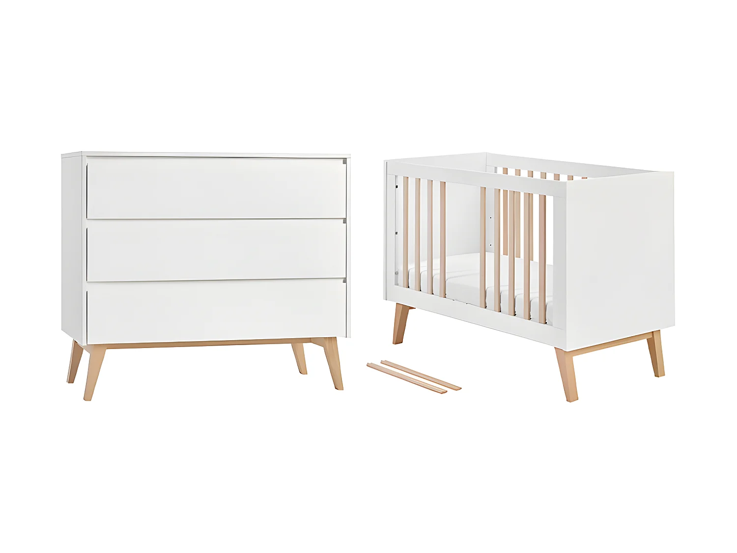 Lit évolutif 60x120 et commode 3 tiroirs Swing - Blanc et bois