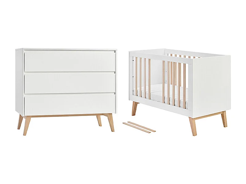 Lit évolutif 60x120 et commode 3 tiroirs Swing - Blanc et bois