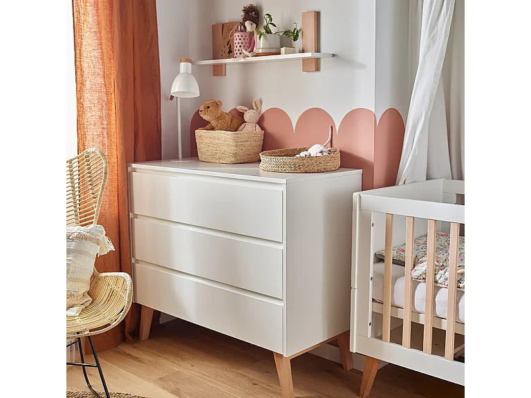 Lit évolutif 60x120 et commode 3 tiroirs Swing - Blanc et bois