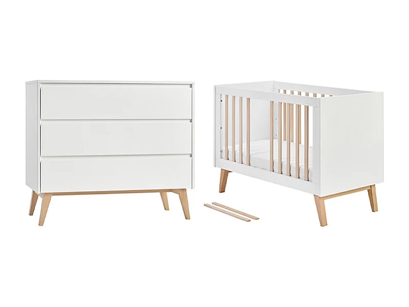 Lit évolutif 60x120 et commode 3 tiroirs Swing - Blanc et bois