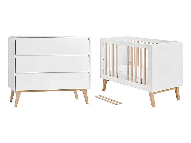 Lit évolutif 60x120 et commode 3 tiroirs Swing - Blanc et bois
