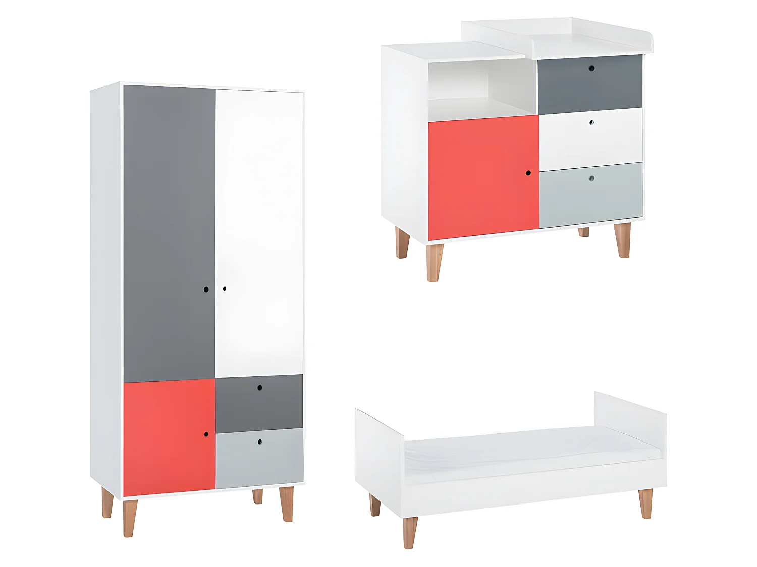 Chambre complète lit bébé évolutif - commode à langer - armoire Concept Rouge