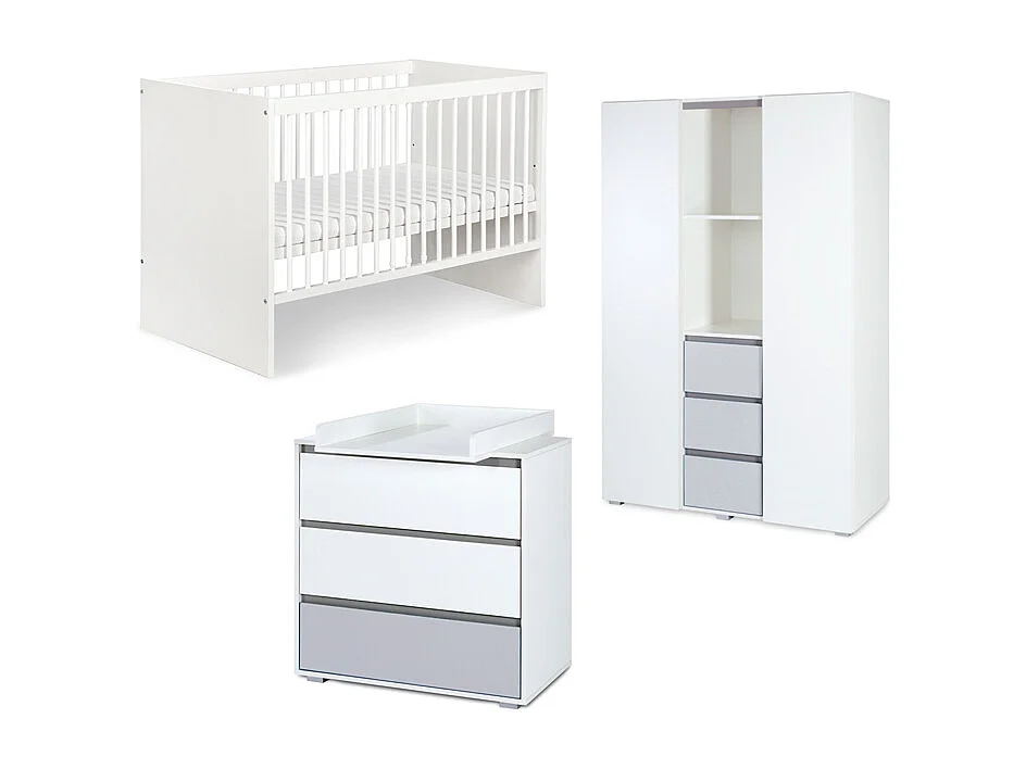 Chambre complète lit bébé - commode à langer - armoire 3 portes LittleSky by Klups Dalia - Blanc