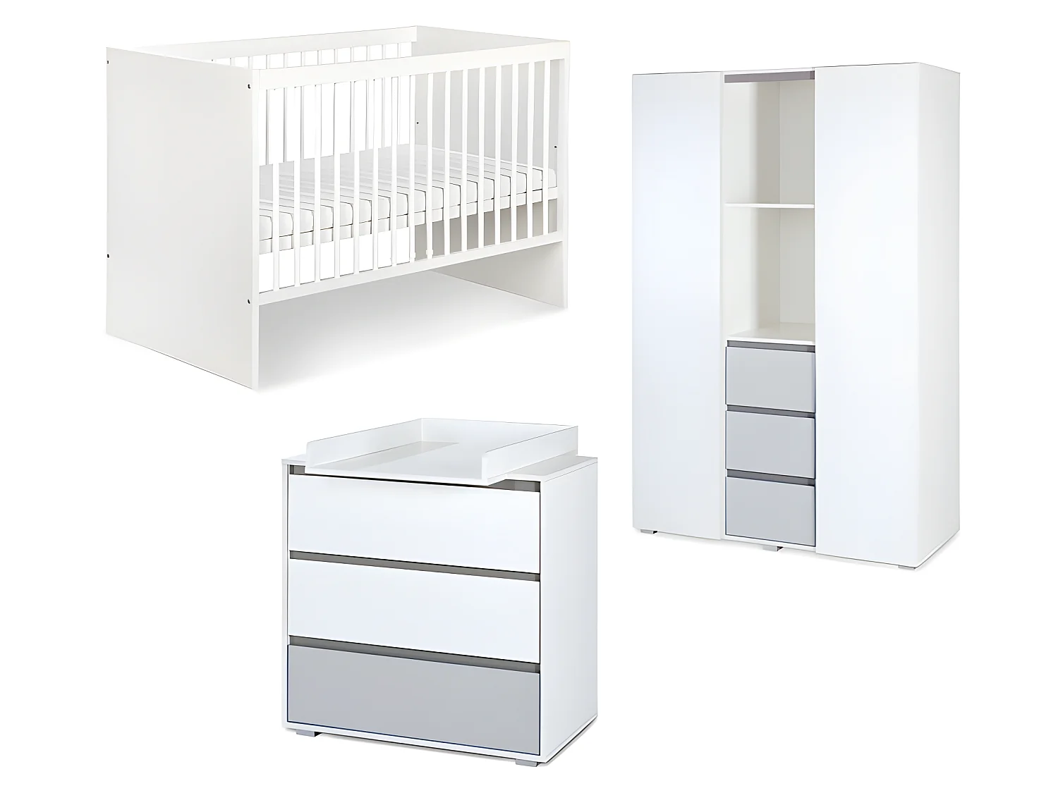 Chambre complète lit bébé - commode à langer - armoire 3 portes LittleSky by Klups Dalia - Blanc