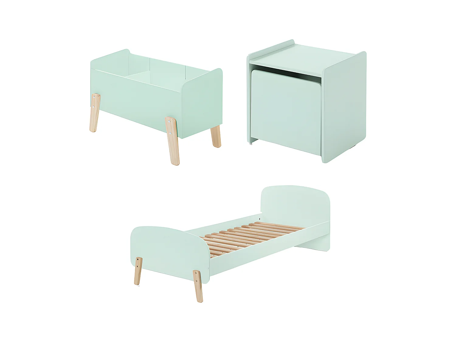 Pack - Lit Enfant, Chevet & Coffre "Kiddy" 90x200cm Vert Menthe