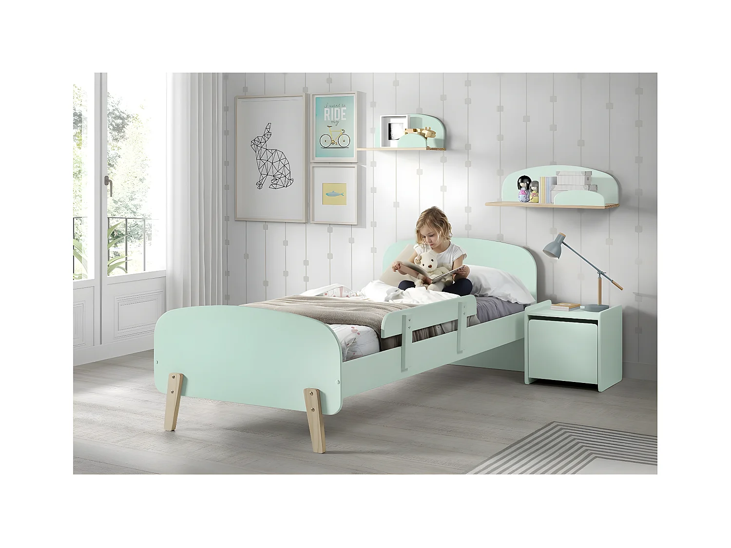 Pack - Lit Enfant, Chevet & Coffre "Kiddy" 90x200cm Vert Menthe