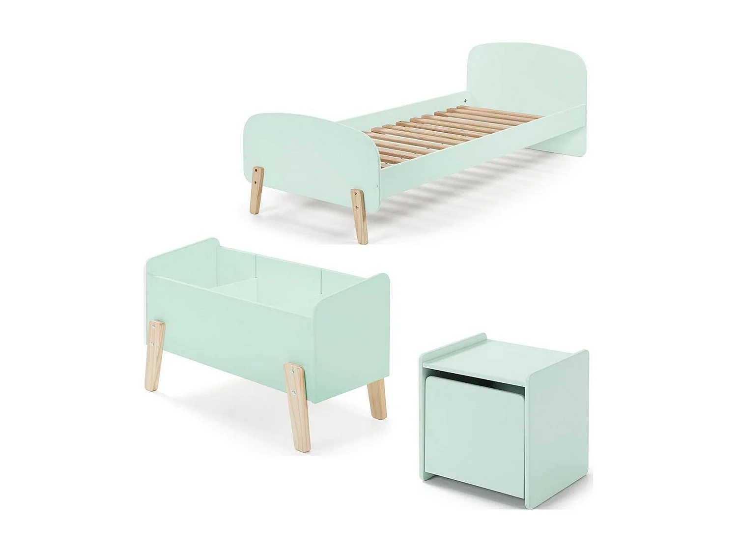Pack - Lit Enfant, Chevet & Coffre "Kiddy" 90x200cm Vert Menthe